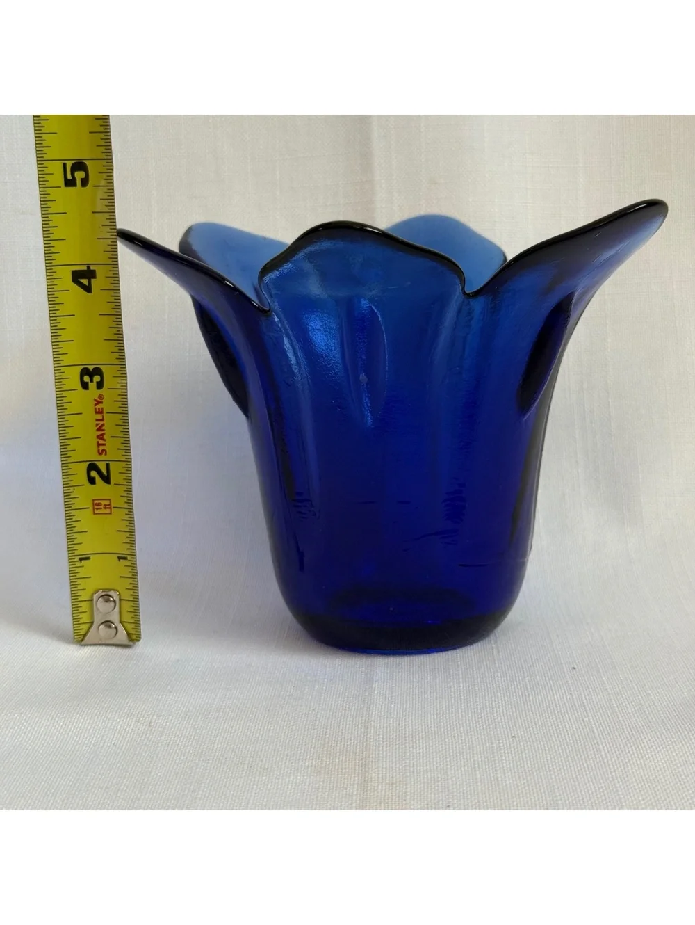 Vintage Cobalt Blue Art Glass Tulip Flower Vase Heavy MCM Hand Blown Spain 6